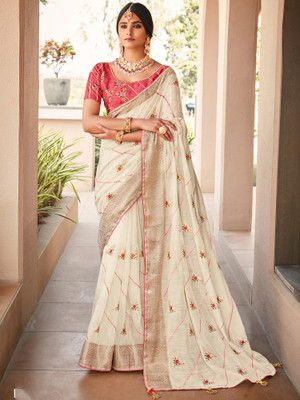 Sareemall Embellished Bollywood Cotton Blend Saree(Cream)