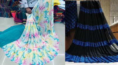 Sanjana Silk Printed Bollywood Georgette Saree(Pack of 2, Blue)