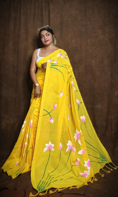 Sourav textile Floral Print, Printed, Hand Painted Tant Cotton Blend Saree(Yellow)