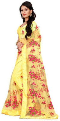 nv patel Floral Print Bollywood Net Saree(Yellow)