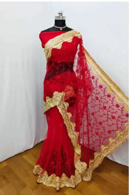 SkyFlock Embroidered Bollywood Net Saree(Red)
