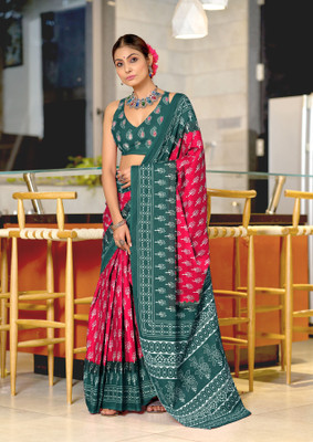 MODERRY Printed, Blocked Printed Daily Wear Pure Cotton, Mulmul Saree(Pink, Green)
