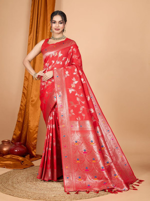 rendol Woven, Floral Print, Embellished Banarasi Jacquard Saree(Red)