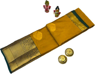 SRI PADMAVATHI COLLECTIONS Woven, Self Design, Temple Border Dharmavaram Handloom Silk Blend Saree(Gold, Dark Green)