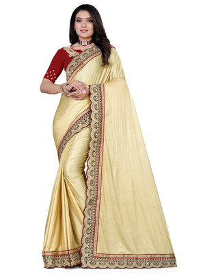 miracletex Temple Border Bollywood Lycra Blend Saree(Cream)