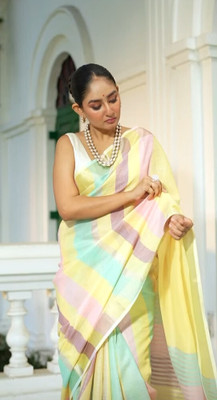 HouseOfCommon Printed Kanjivaram Linen, Cotton Linen Saree(Multicolor)