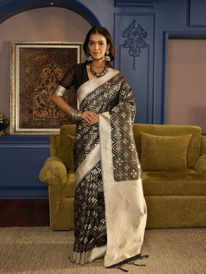 Vichitra Woven, Self Design Banarasi Linen, Pure Cotton Saree(Black)
