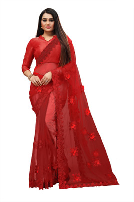 QUEDDY'S Embroidered Bollywood Net Saree(Red)