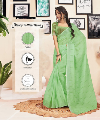 Satrani Solid/Plain Jamdani Pure Cotton Saree(Light Green)