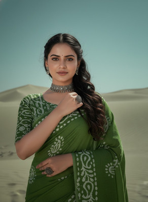 Shine Fashion Printed Daily Wear Pure Cotton Saree(Green)