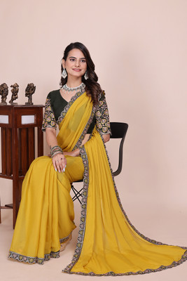 K 5 FASHION Solid/Plain, Embroidered Bollywood Georgette Saree(Yellow)