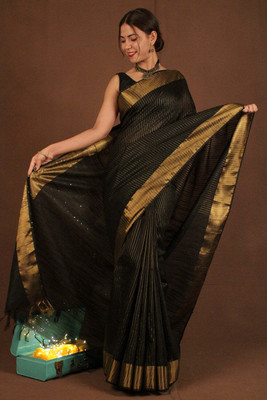 Izma Striped, Self Design, Embellished Bhagalpuri Art Silk Saree(Dark Green)