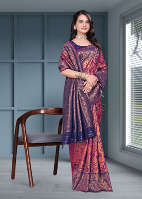 HouseOfCommon Woven Kanjivaram Pure Silk, Silk Blend Saree(Magenta, Blue)