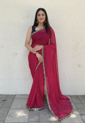 Julee Striped Bollywood Chiffon Saree(Pink)