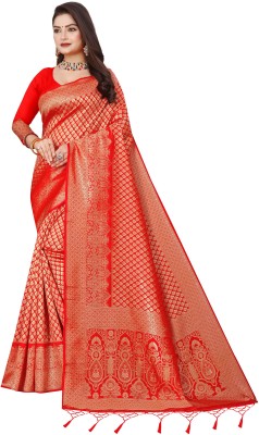 Pikham Embellished Kanjivaram Silk Blend Saree(Red)