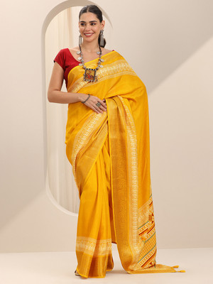 LIBAS Solid/Plain Daily Wear Silk Blend Saree(Mustard)