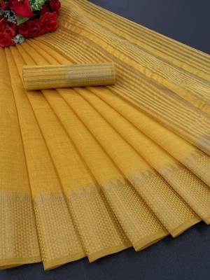 GOGAJI COLLECTION Temple Border, Woven Kanjivaram Cotton Silk, Chanderi Saree(Yellow)