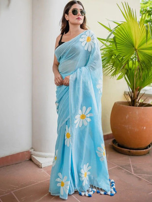 MM VENTURE Printed Bollywood Linen Saree(Blue)