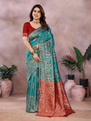 Soor Panchi Woven Banarasi Cotton Blend Saree(Light Blue)