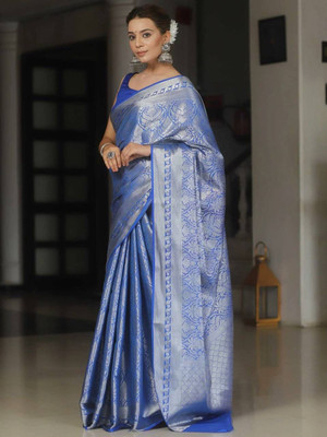 RUCHAA FASHION Woven Banarasi Art Silk Saree(Blue, Silver)