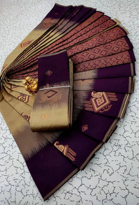 khanjan hub Printed Banarasi Jacquard, Art Silk Saree(Cream, Brown)