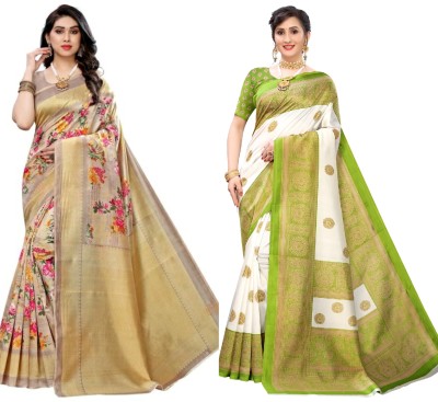 Fabwomen Printed Mysore Art Silk Saree(Pack of 2, Beige, Light Green)