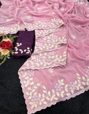 ruhu fashion Embroidered Handloom Chiffon Saree(Pink)