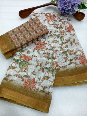 MAANVIT Printed Bollywood Linen, Cotton Linen Saree(White)