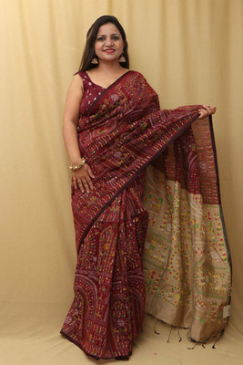 SUSHRITA BOUTIQUE Digital Print Madhubani Cotton Silk Saree(Maroon)
