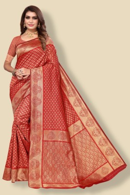 Divastri Floral Print, Color Block, Woven Kanjivaram Art Silk Saree(Red)