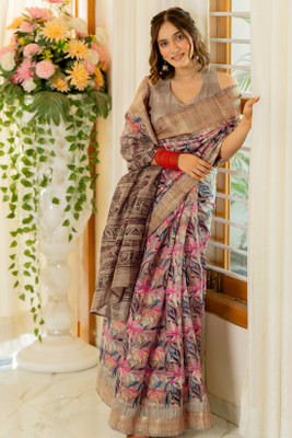 MIRCHI FASHION Floral Print Bollywood Cotton Blend Saree(Pink, Beige, Multicolor)