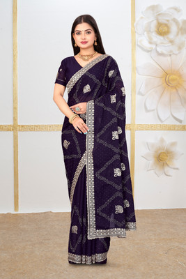 Mikhushop Embroidered Bollywood Georgette Saree(Dark Blue)