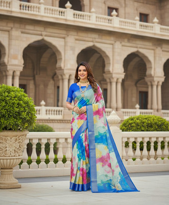 Myraani Printed Bollywood Cotton Linen, Cotton Silk Saree(Multicolor)