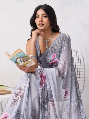 Tasrika Embellished, Floral Print Bollywood Georgette Saree(Grey)