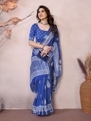 Soor Panchi Floral Print Handloom Linen Saree(Light Blue)