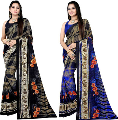 Leelavati Printed Daily Wear Georgette Saree(Pack of 2, Blue, Black)