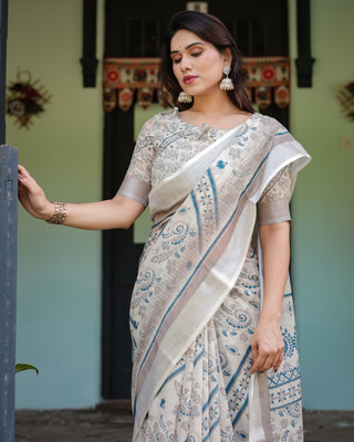 ALMAARI FASHION Digital Print Bollywood Cotton Linen Saree(White)