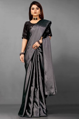 omeeka Solid/Plain Bollywood Satin Saree(Grey)