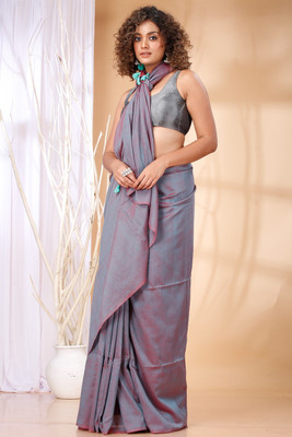 ACHOL Solid/Plain Handloom Cotton Blend Saree(Grey)