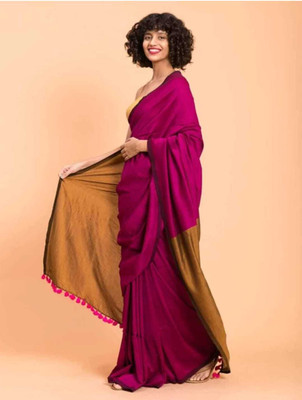 Tantikatha Solid/Plain Handloom Cotton Blend Saree(Red, Gold)