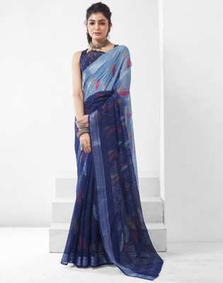 Samah Printed, Embellished Daily Wear Cotton Blend Saree(Blue, Grey)