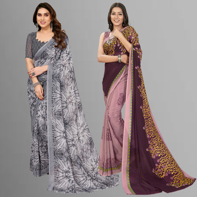 Anand Sarees Floral Print, Polka Print, Ombre, Printed Bollywood Georgette Saree(Pack of 2, Brown, Beige, Grey)