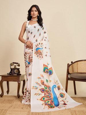 HouseOfCommon Printed Bollywood Chiffon Saree(White)