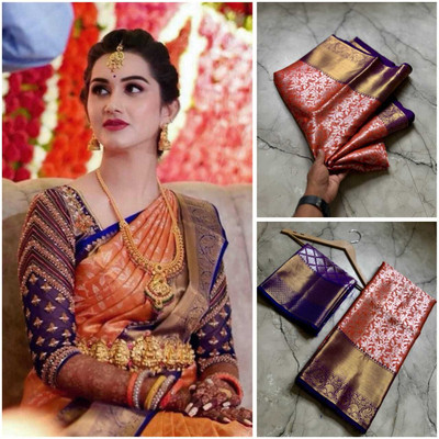 Farhan silk creation Solid/Plain, Woven Banarasi Silk Blend Saree(Multicolor)