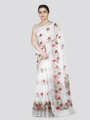 PinkLoom Printed Handloom Pure Cotton Saree(White)