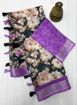 Myraani Floral Print Bollywood Cotton Linen, Cotton Silk Saree(Black, Beige)