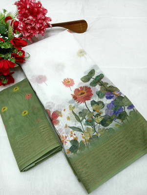 HouseOfCommon Printed Kanjivaram Chanderi, Cotton Silk Saree(White, Green)