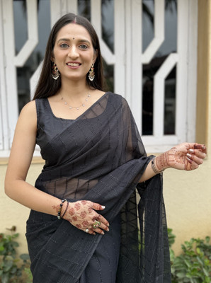 SUDIPTA Striped Bollywood Georgette Saree(Black)