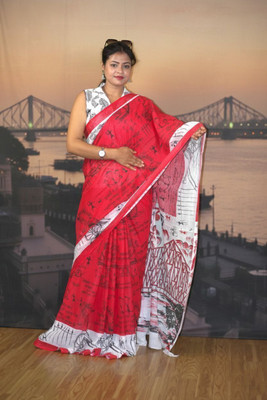 PriorityPoint Printed Daily Wear Pure Cotton Saree(Red, White)