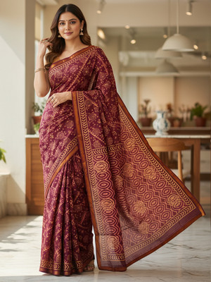 MODERRY Blocked Printed, Printed Daily Wear Pure Cotton, Mulmul Saree(Maroon)